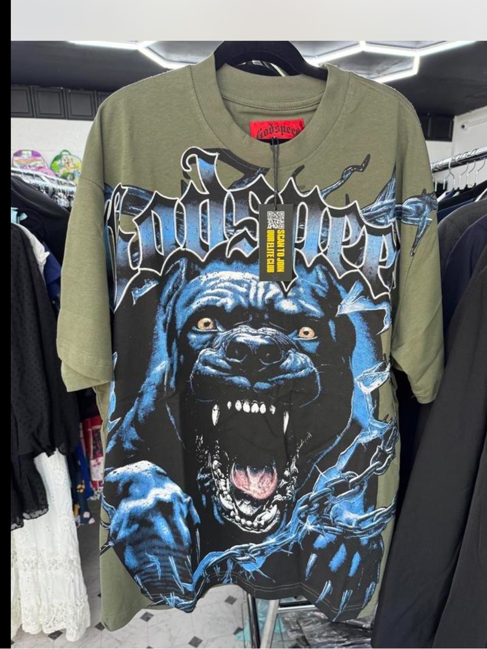 GODSPEED Olive Short-Sleeve Tee with Blue Rottweiler Graphic